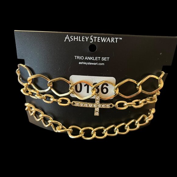 Ashley Stewart Trio Anklet Set  Gold-Tone Chains & Rhinestone Cross Festival - Picture 4 of 5